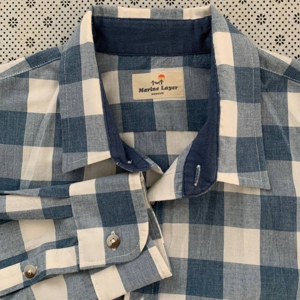 Marine Layer Mens Medium Blue White Buffalo Check Button Down Shirt LS